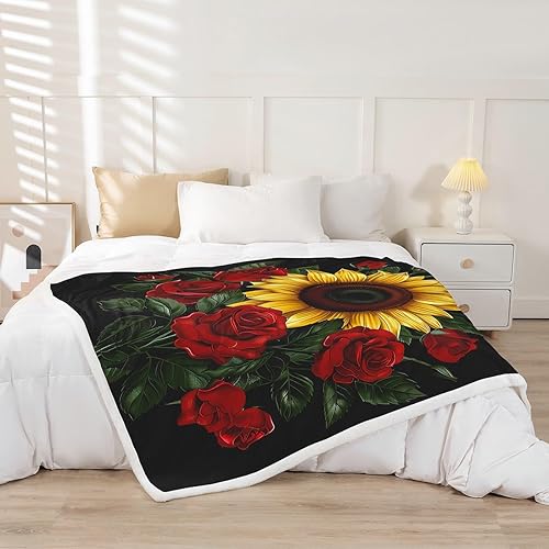 Miniatura 2 de Manfei Manta de girasol amarillo, manta de cama con rosas rojas para decoración de habitación de niños y niñas, manta floral de hojas verdes en