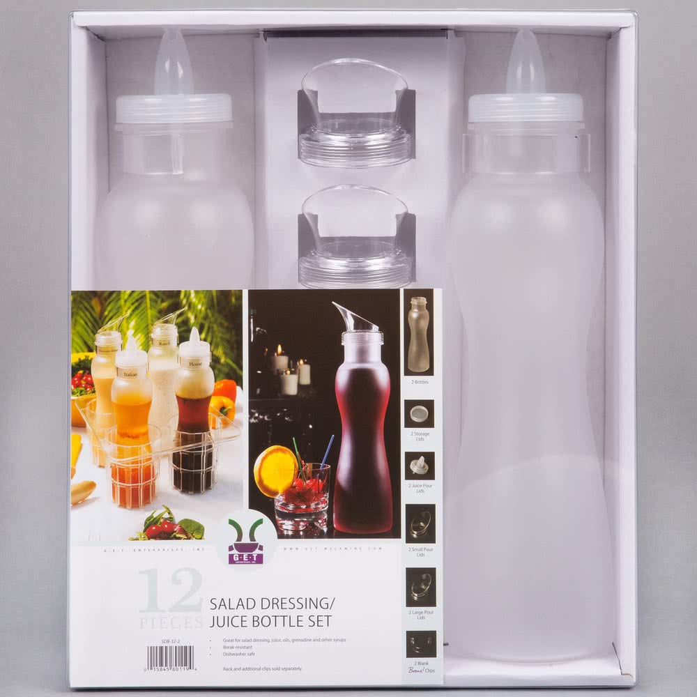 12 pc. Set – 2 (Two) 32 Ounces. Salad Dressing Bottles, with 2 Clips & 8 Lids, by GET SDB-32-PC-2