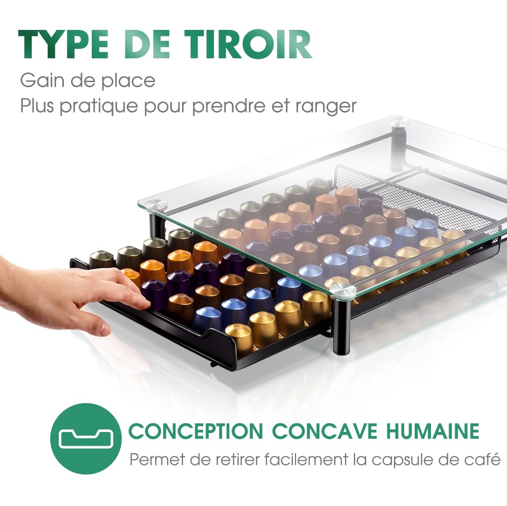 Masthome Tiroir de Rangement pour 60 Capsules Nespresso, Porte Dosette de Café avec Présentoir en Verre, Présentoir Distributeur Tiroir en Maille de Plateau Stockage pour Nespresso