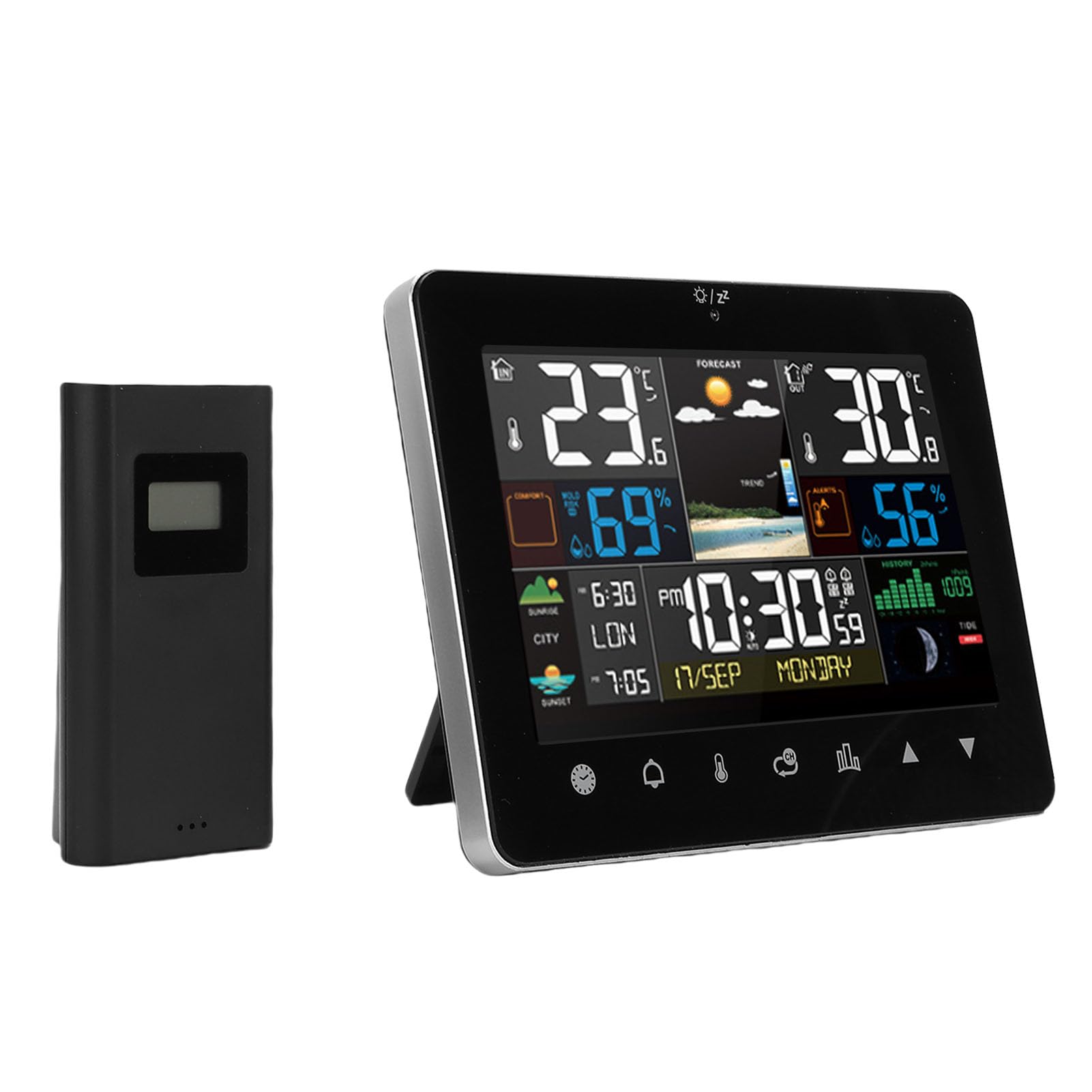 banapoy Wetterstation, Kabellos, für Drinnen und Draußen, Digitales Hygrometer Thermometer mit Farbdisplay, Touchscreen und Wecker, Wettervorhersagestation für Zuhause