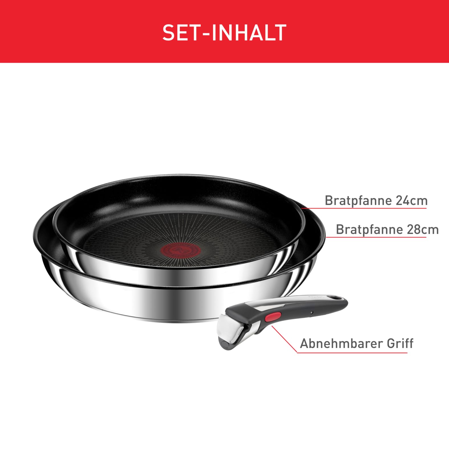 Tefal Ingenio Preference On 3-teiliges Pfannenset abnehmbarer Griff, 24/28 cm, stapelbar, platzsparend, Topfset Induktion mit Antihaftversiegelung, einfache Handhabung und Reinigung, L97493