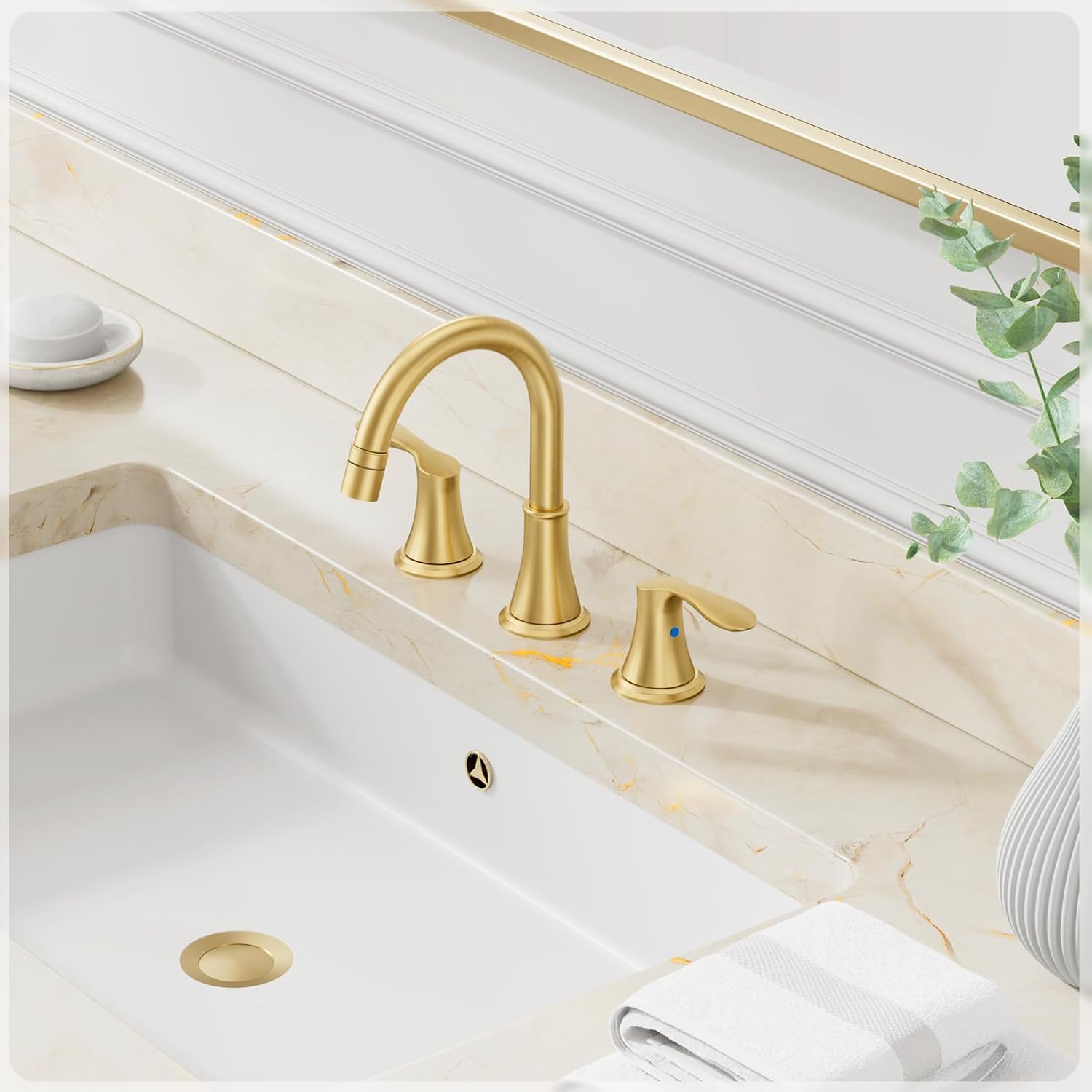 Phiestina 8 Inch Widespread with Pull-Out Sprayer Bathroom Faucet - Brushed Gold 2 Handle 3 Hole, Lead-Free Heavy Duty, with Metal Pop-Up Drain & Water Supply Lines, WFTY36CL-2M-BG