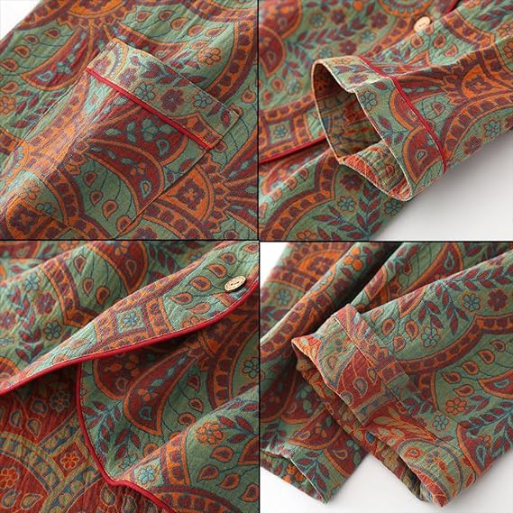 Women Sleepwear Vintage Jacquard Round Neck Button Cotton Loungewear Set, Long Sleeve Cotton Sleepwear