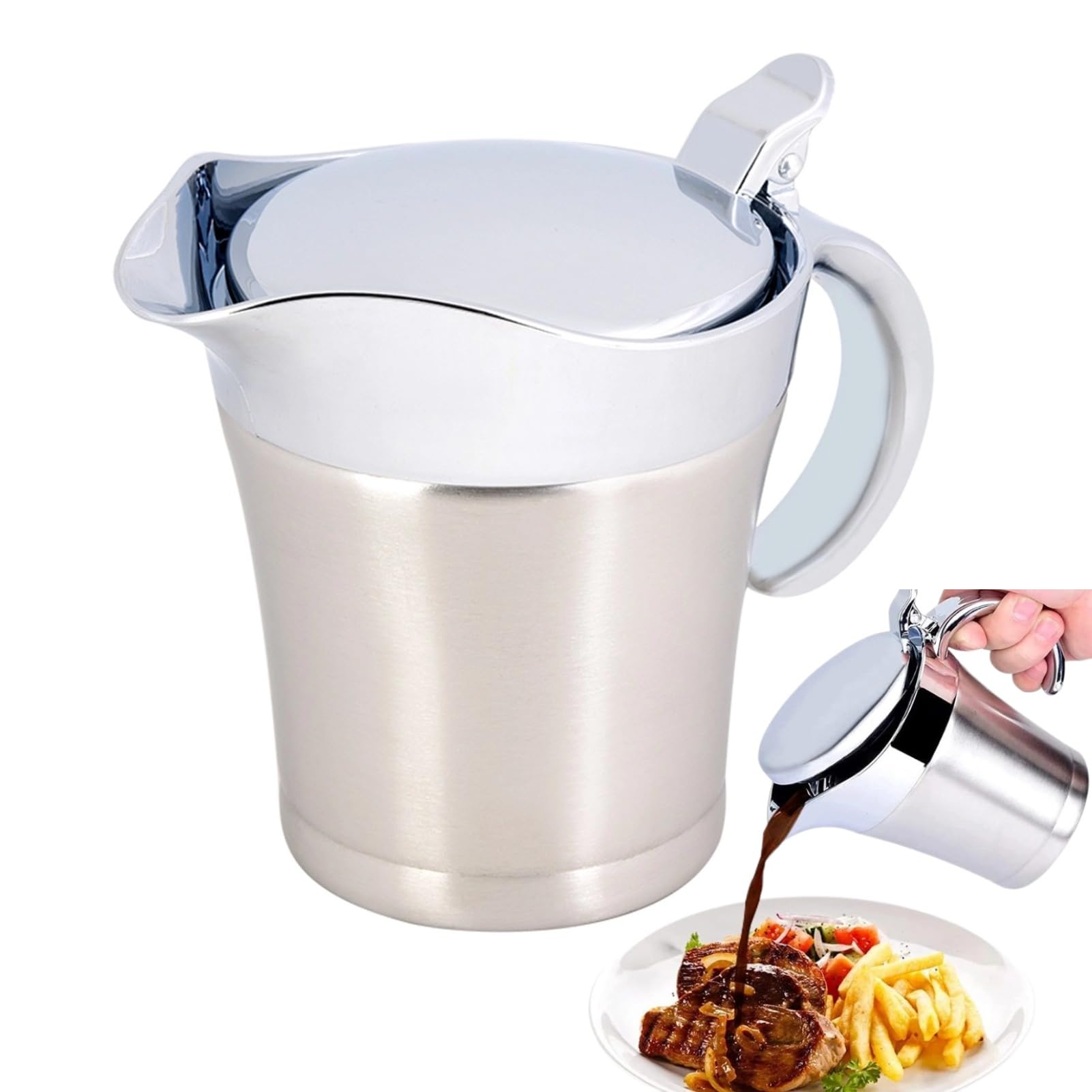 Salsiera in Acciaio Inox con Isolamento Termico a Doppia Parete Salsa Salsiera Tavolo da Pranzo Caraffa con Coperchio Salsa Ideale Pentola per Sugo, Panna, Crema Pasticcera(Small 450ml)