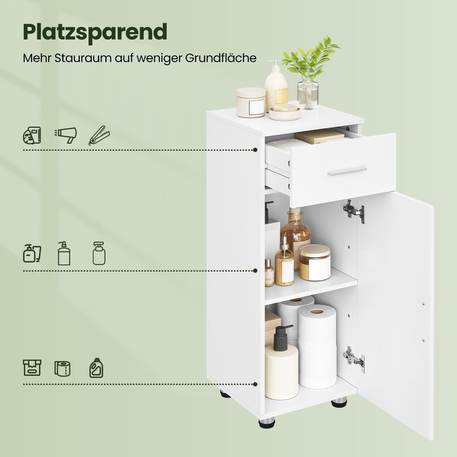 EUGAD Badezimmerschrank, Badschrank mit 1 Schubladen,mit 1 Verstellbarer Trennwand,Badschrank Schubladenschrank mit Tür, Aufbewahrungsschrank, 30x80x30 cm,Matt weiß