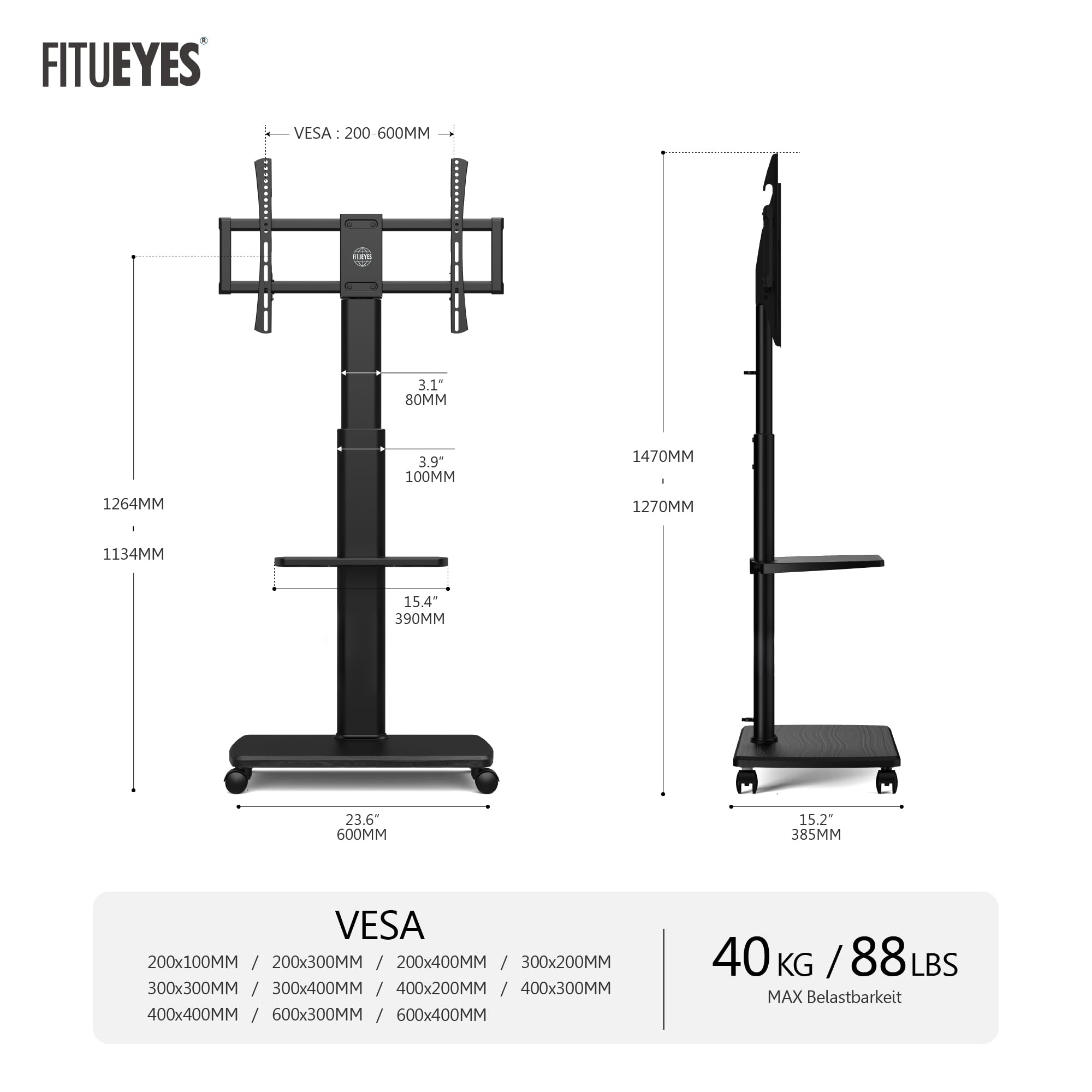 FITUEYES TV Ständer Rollbar, TV Standfuß mit 2 Ablagen für 32-70 Zoll Fernseher bis 40 kg, Höhenverstellbar & Schwenkbar, Max. VESA. 600 * 400 mm, Geeignet für Mietwohnungen Büros, Schwarz