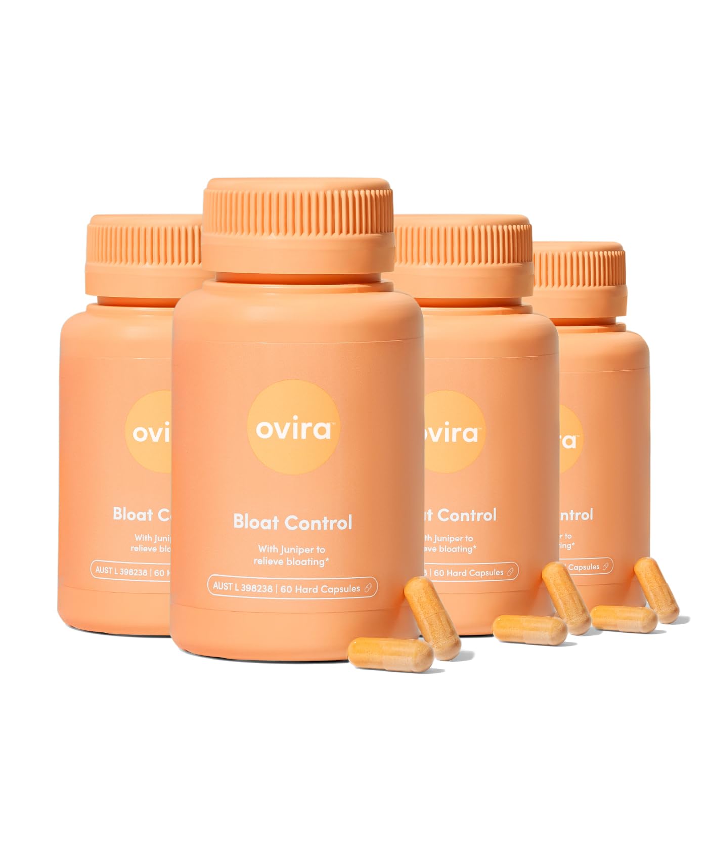 OviraBloat Control Supplement with JUNICLEAR - 60 Capsules for Gas and Bloating Relief | Effective Debloating for Women and Men | Helps Water Retention & Promotes Digestive Health - Pack of 4
