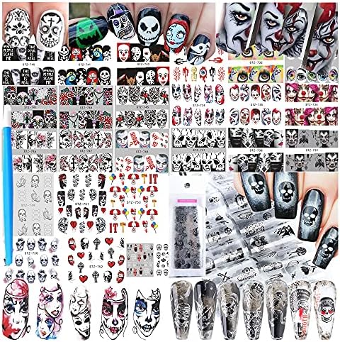 25 Sheets Halloween Water Transfer Nail Stickers Nail Art Stickers Decals,10 Sheets Punk Skull Nail Foil Transfer Stickers,Grimace Skull Eye Spider Nail Art DIY Decals for Halloween Party(35 Sheets)