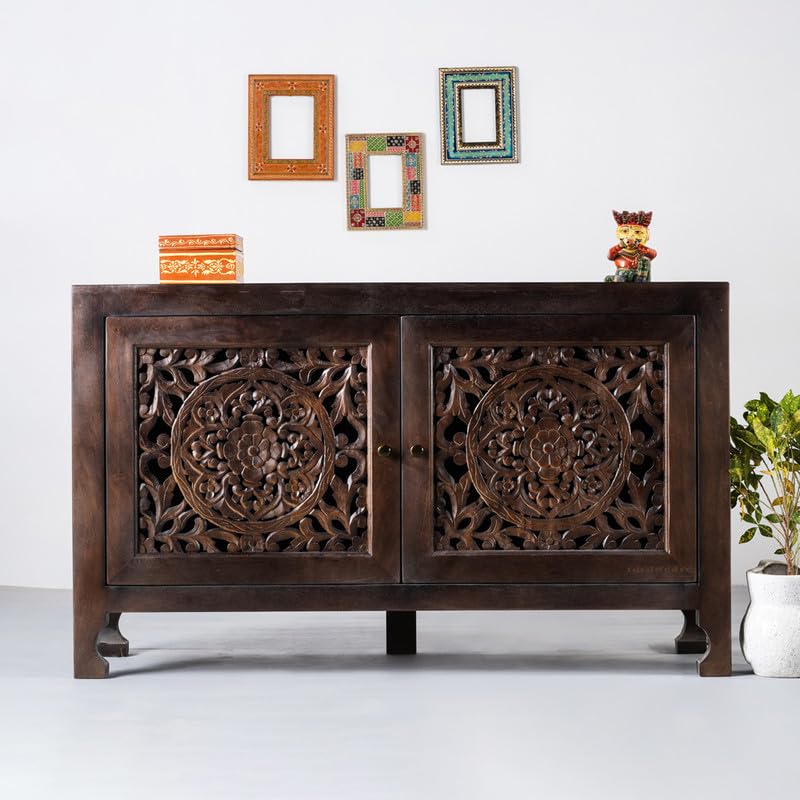 Image of Yepa Wooden Sideboard Cabinet for Living Room | Handcrafted Solid Wood Storage Cabinet with Carved Doors | Crockery Cabinet for Home | Crockery Furniture for Home (Walnut)