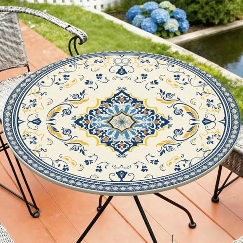 MHJY Round Tablecloth Fitted Elastic Table Cover Waterproof Table Cloth for Dinner, Party, Picnic,Camping, Round Table Cover for Indoor Outdoor by MHJY - Used condition - US$9.10