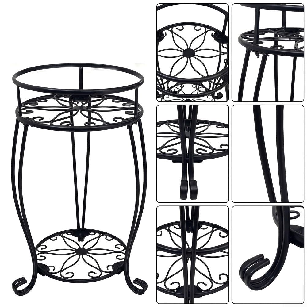 2 Etagen Pflanzenständer Metall Schwarz, Rostfreier | Blumenständer für Wohnzimmer & Balkon, Stabiles Pflanzengestell mit Blumenmuster, Topfhalter für regal für Garten Innen