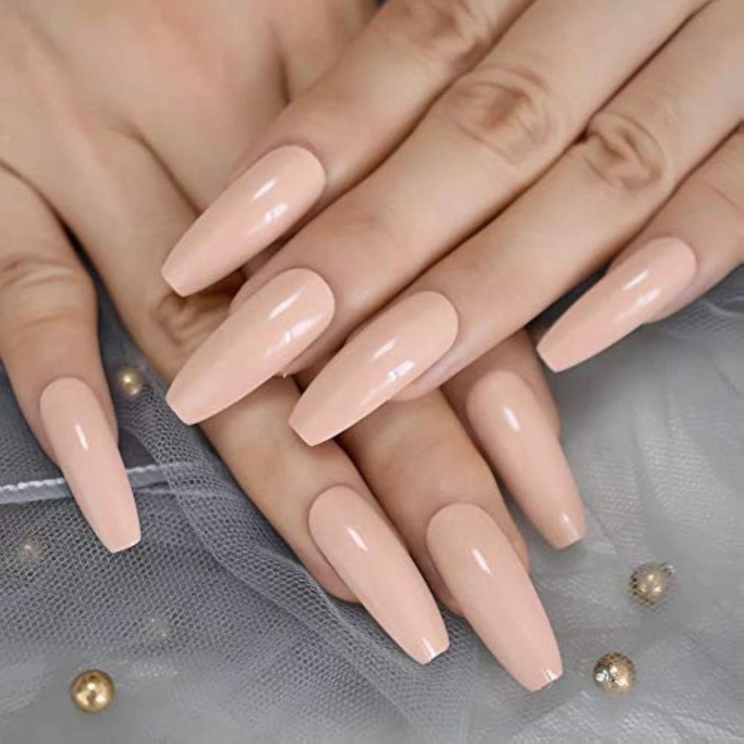 EDA LUXURY BEAUTY NATURAL NUDE PINK GLAMOROUS DESIGN Full Cover Press On Gel Glitter Artificial Nail Tips Shiny Acrylic Extreme False Nails Extra Long Ballerina Coffin Square Super Fashion Fake Nails
