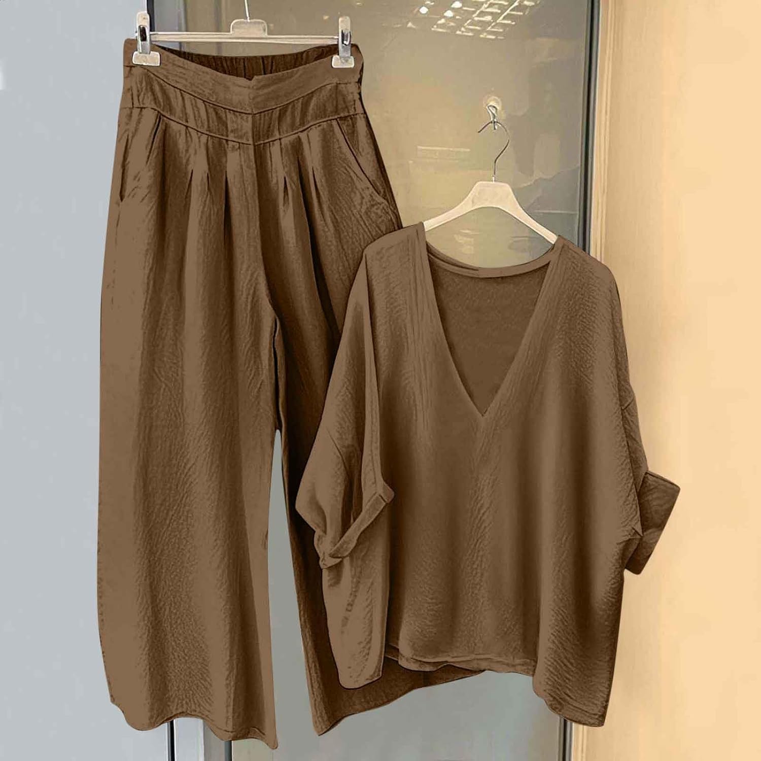 HGps8w Women's Summer 2 Piece Cotton Linen Sets Loose V Neck Batwing Tops Matching Wide Leg Pants Lounge Travel Outfits