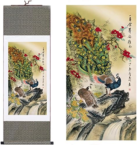Chinese Painting Home Decorate Calligraphy Scroll Silk Chinese Painting Peacock Home Decorate Calligraphy Scroll Hanging Art Gift (H40 X W12) 40084