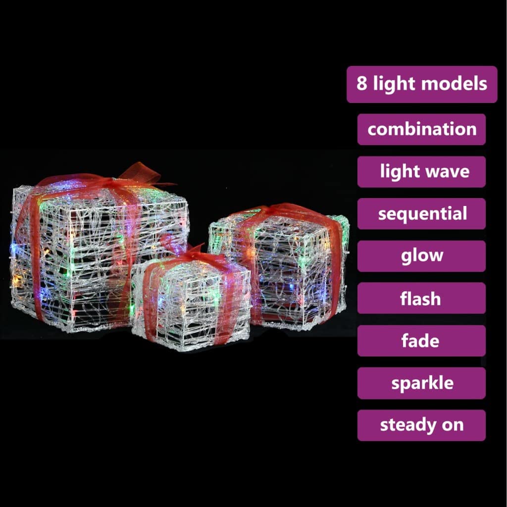 LED-Geschenkboxen aus Acryl 3 Stück Mehrfarbig mit 48 LEDs und 8 Beleuchtungsmodi für Weihnachtsdekoration Innen Außen stapelbar mit wasserdichtem Batteriefach und Schleifen-Dekor