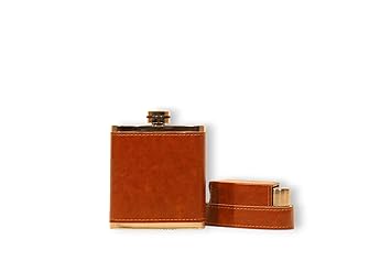 Classic Hip Flask, Brown Leather Wrapped Stainless Steel, Portable Pocket Liquor Bottle