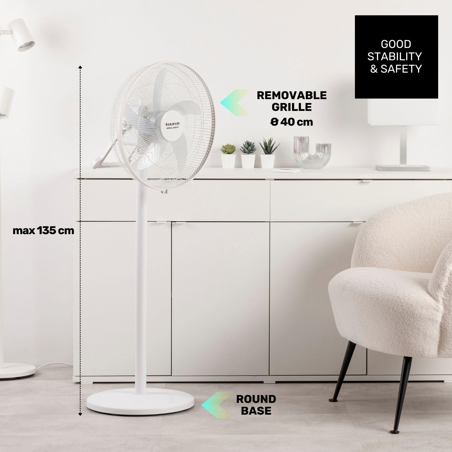 Taurus - Stand Fan Rechargable Boreal 16CR Go |35W|Batteria | Autonomia 8h |Tempo di ricarica 4h |5 velocità |3 modalità |5 pale da 40 cm |Temp 8 ore | Altezza regolabile | luce posteriore