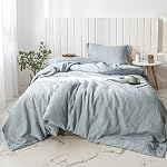 Simple et opulence 100% Ensemble de housses de couettes en lin 3pcs Style de base en lin naturel français lavé en pierre de couleur solide literie avec fermeture bouton (Reine, Bleu poussiéreux)