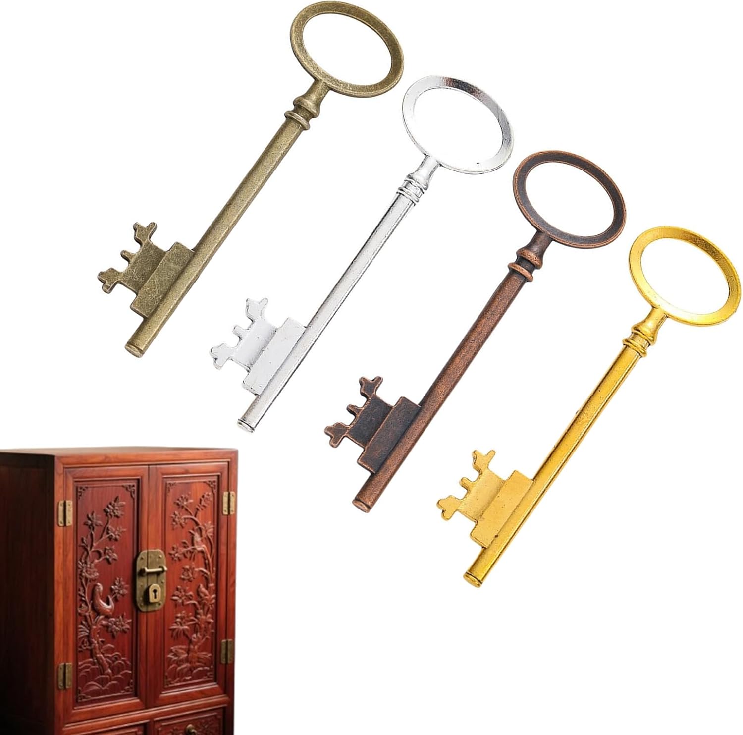 4 Pcs Hollow Barrel Skeleton Key Universal Alloy Vintage Key for Antique Dresser Chinese Cabinet Doors Dresser Floor Clock