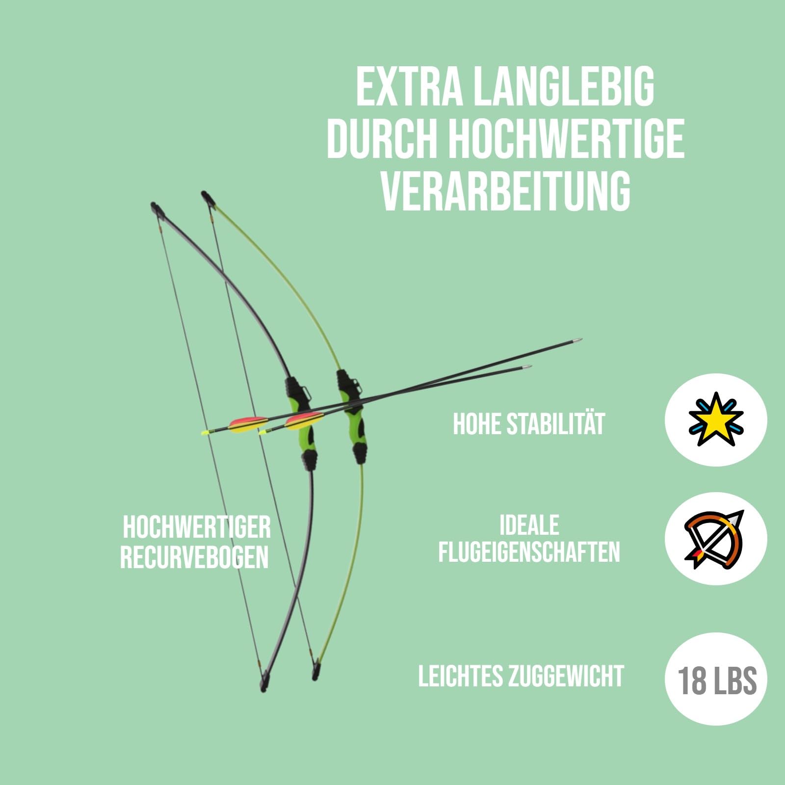 Set - Ideal für Junge Bogenschützen - Recurvebogen 18 lbs ab 8J. inkl. Zubehör für spannende Bogenschießabenteuer, beidhändig