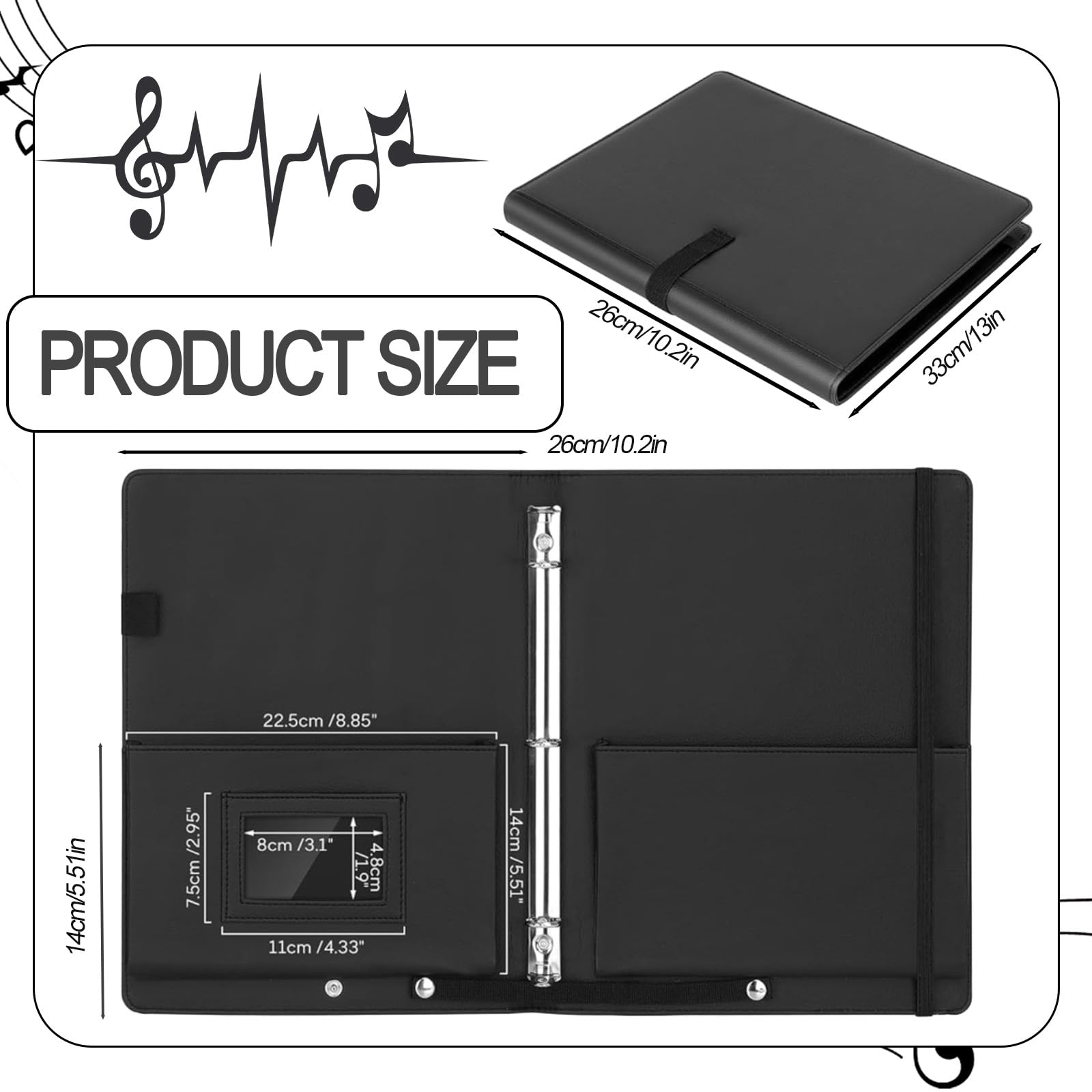 Carpeta Partituras A4, Carpeta Coral Negra, Material PU, Portapartituras Con Correa Mano, Capacidad Máxima 200 hojas, Regalos para profesor de musica