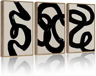 PHOPAGO Black Abstract Wall Art Ink Wash Minimalist Lines Framed Canvas Painting Artwork 11x14in Natural Framed