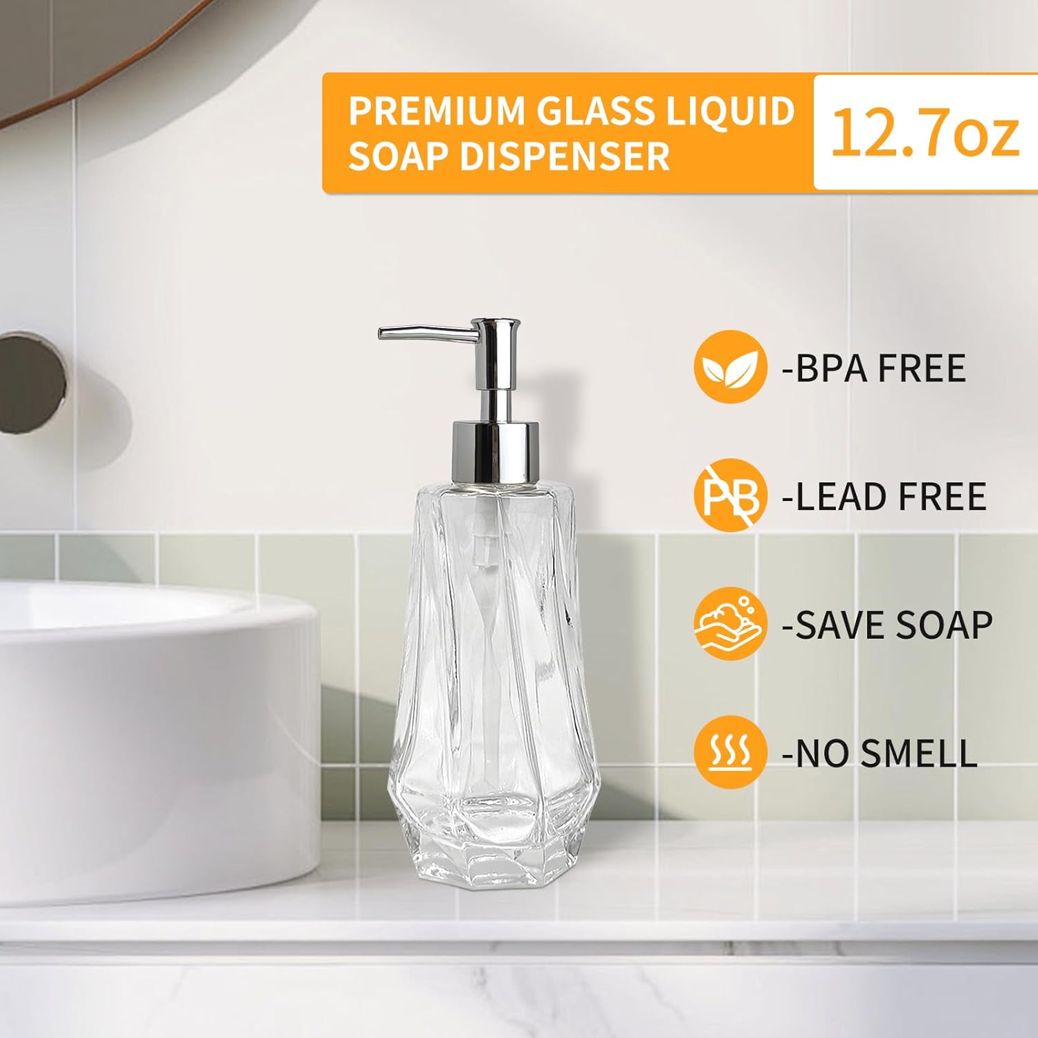 Glass Soap Dispenser Bathroom, 12.7oz Refillable Liquid Soap Dispenser with Rust-Proof Plastic Pump for Kitchen - Image 4