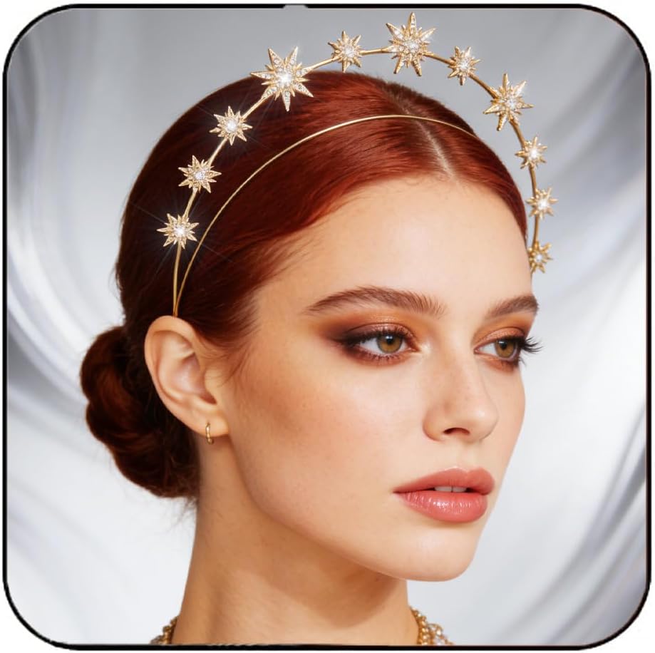 CAKURE Star Halo Crown Headband Rhinestone Gold Goddess Headpiece Metal Mary Celestial Crowns Bride Wedding Hair Accessories for Women