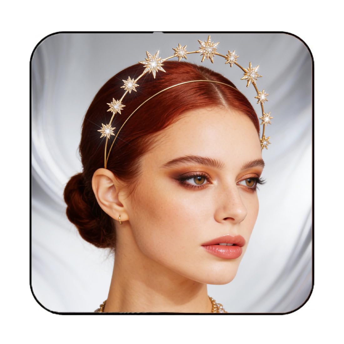 CAKURE Star Halo Crown Headband Rhinestone Gold Goddess Headpiece Metal Mary Celestial Crowns Bride Wedding Hair Accessories for Women