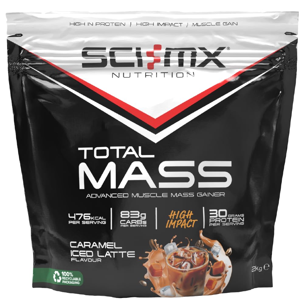 SCI-MX Total Mass - Advanced Muscle Mass Gainer Protein Powder - Muscle Growth & Weight Gain - Caramel Iced Latte • 32g Protein + 477 Calories per Serving • 2kg
