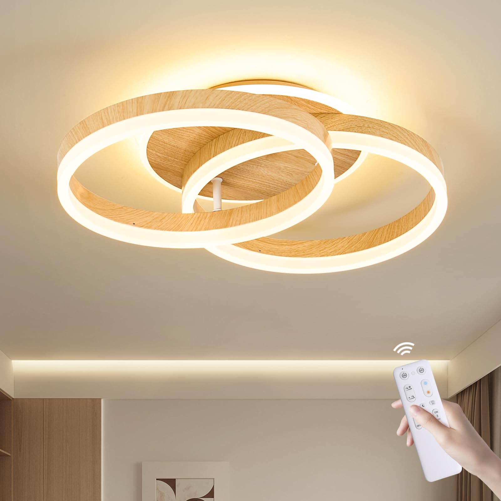Plafón LED Salón 2 Anillos φ50 cm, 36 W Lámpara de Techo Moderna Regulable con Mando a Distancia, de Metal+Acrílico, para Sala de Estar, Dormitorio, Comedor -Imitación Madera