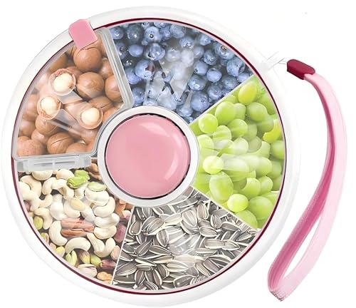 FOGARI Snack Box Spinner con Tapa - Snack Spinner, Ontenedor de Aperitivos para Niños, Caja de Merienda Giratoria con Dispensador de 5 Compartimentos para Snack Fruta Seca Galleta (Rosa)