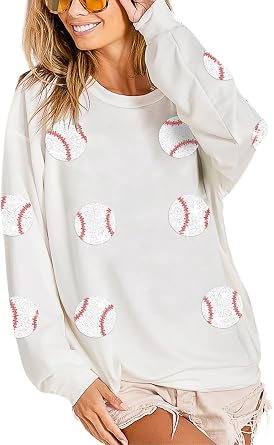 Womens Sparkle Baseball Sequin Sweatshirt French Terry Y2K Crewneck Oversized Shirt Long Sleeve Pullover