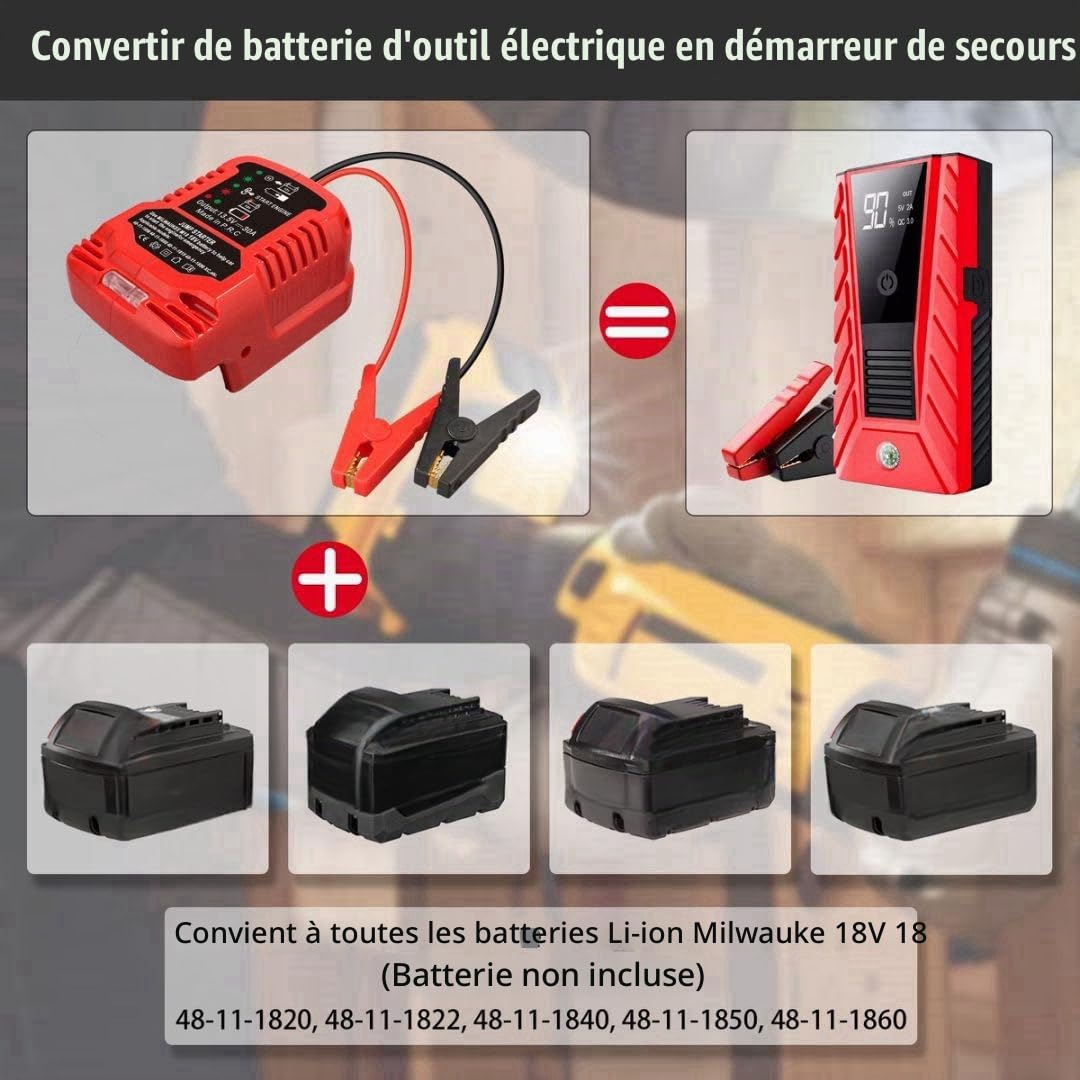 Câbles de démarrage avec adaptateur pour batterie Milwaukee M-18 18V, démarreur de voiture portable 12V, avec câble de 11AWG pour adaptateur de câble de booster automobile (batterie non incluse)