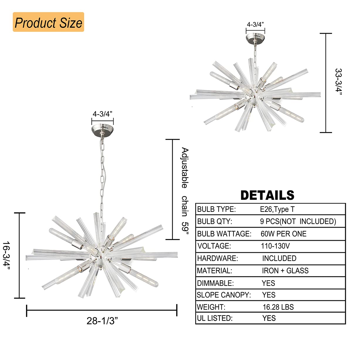 Cawabien 9-Light Sputnik Chandeliers:Satellite Chandelier Light Fixture for Dining Room Kitchen Island Bedroom Living Room Foyer with Clear Crystal Rods (Dia 28.3'')
