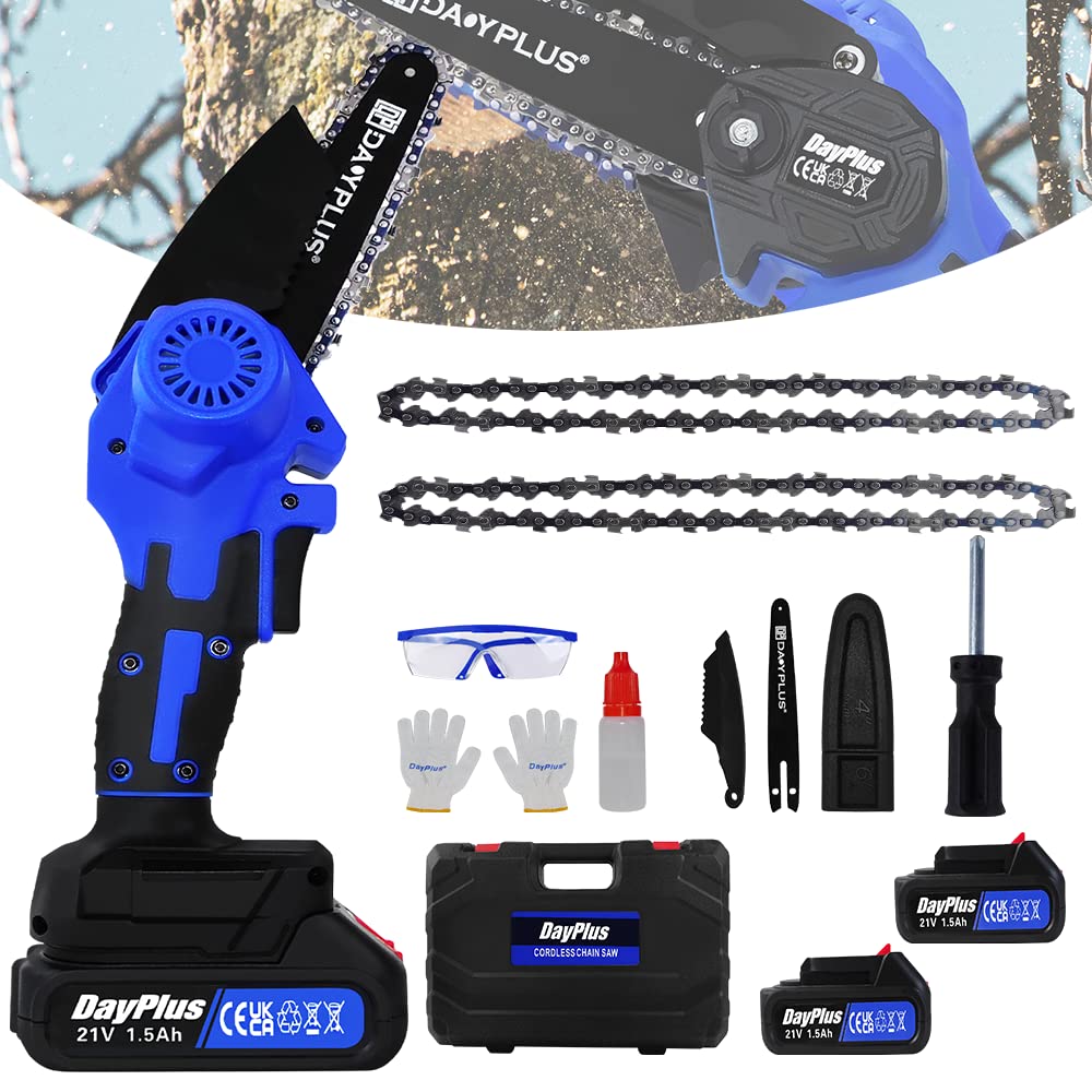 Upgraded Mini Chainsaw Cordless 6 Inch Brushless Electric Chainsaw with Rechargeable Battery and Fast Charger, 600W Electric Pruner Branch Cutter with 2 Chains for Wood Cutting, 2200RPM Speed