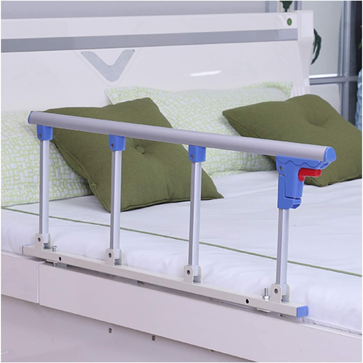 Rampe de sécurité de lit blanche et bleue pour sécuriser la chambre des seniors
