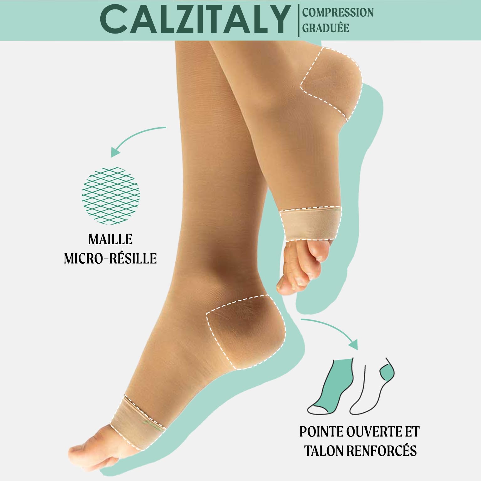 CALZITALY Collants de Soutien Médicaux Pointe Ouverte à Compression Graduée Forte 15-21 mm/Hg, 140 DEN, Made in Italy
