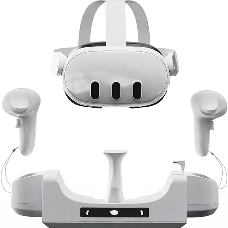 Base de carga VR 3 en 1 para montaje en pared para Meta Quest 3: estación de carga todo en uno para auriculares y controladores con indicadores LED, soporte para escritorio o pared, base antideslizante