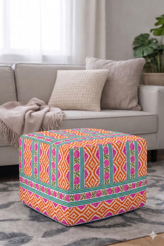 Pouffe Cover for 18x26x18 Inch Top Sunburst Full Coverage, Boho Bohemian Scandinavian Slipcover, Square Footstool Floor Cushion Pouf Cover, Machine Washable, THROWPILLOW-image-3