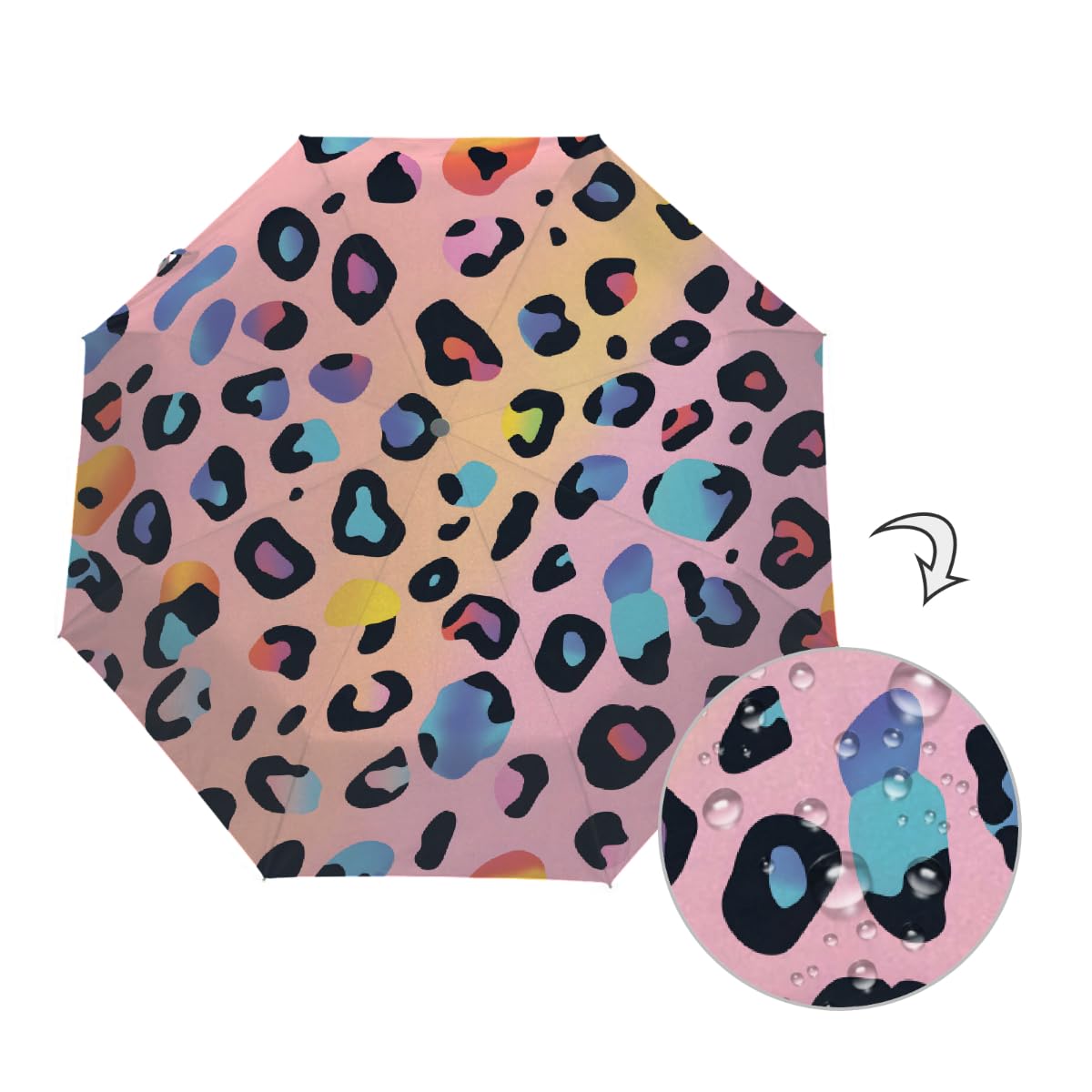 Ombrello pieghevole con stampa leopardata colorato ombrello da viaggio compatto antivento impermeabile con protezione UV rivestimento nero leggero 8 coste portatile per pioggia sole