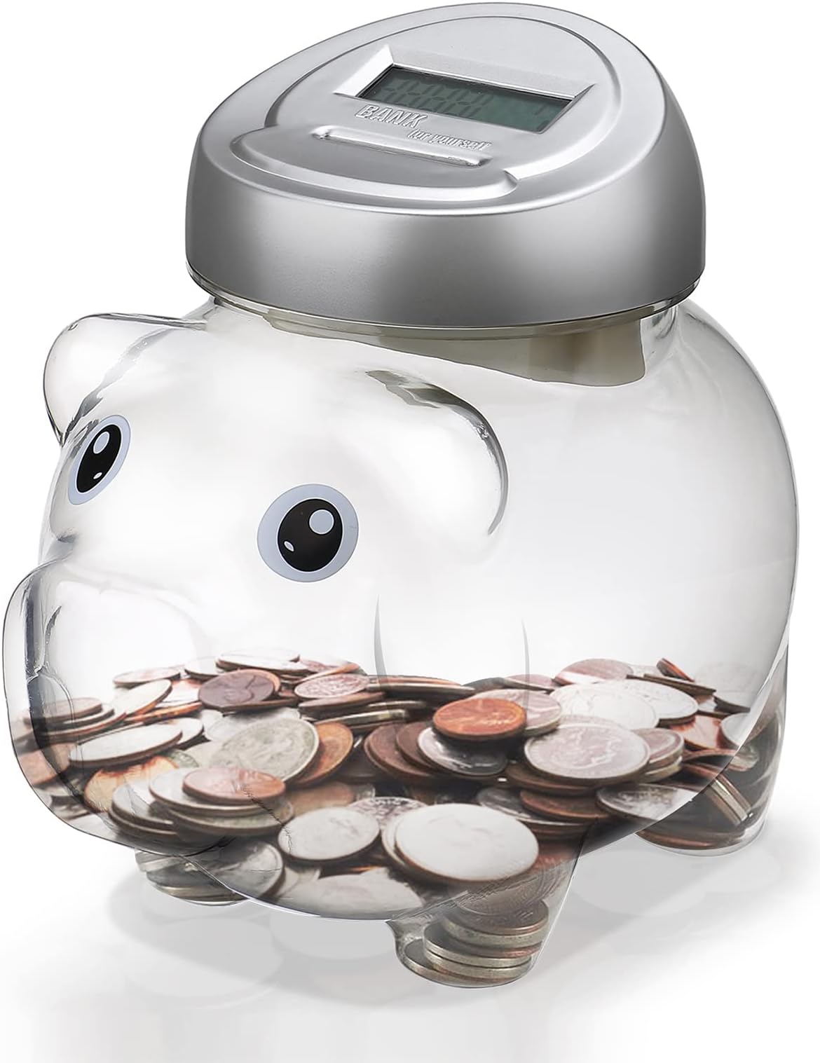 Piggy Digital Coin Bank, Automatic Coin Counter Totals All U.S. Coins, Clear Money Saving Jar with LCD Display, Silver