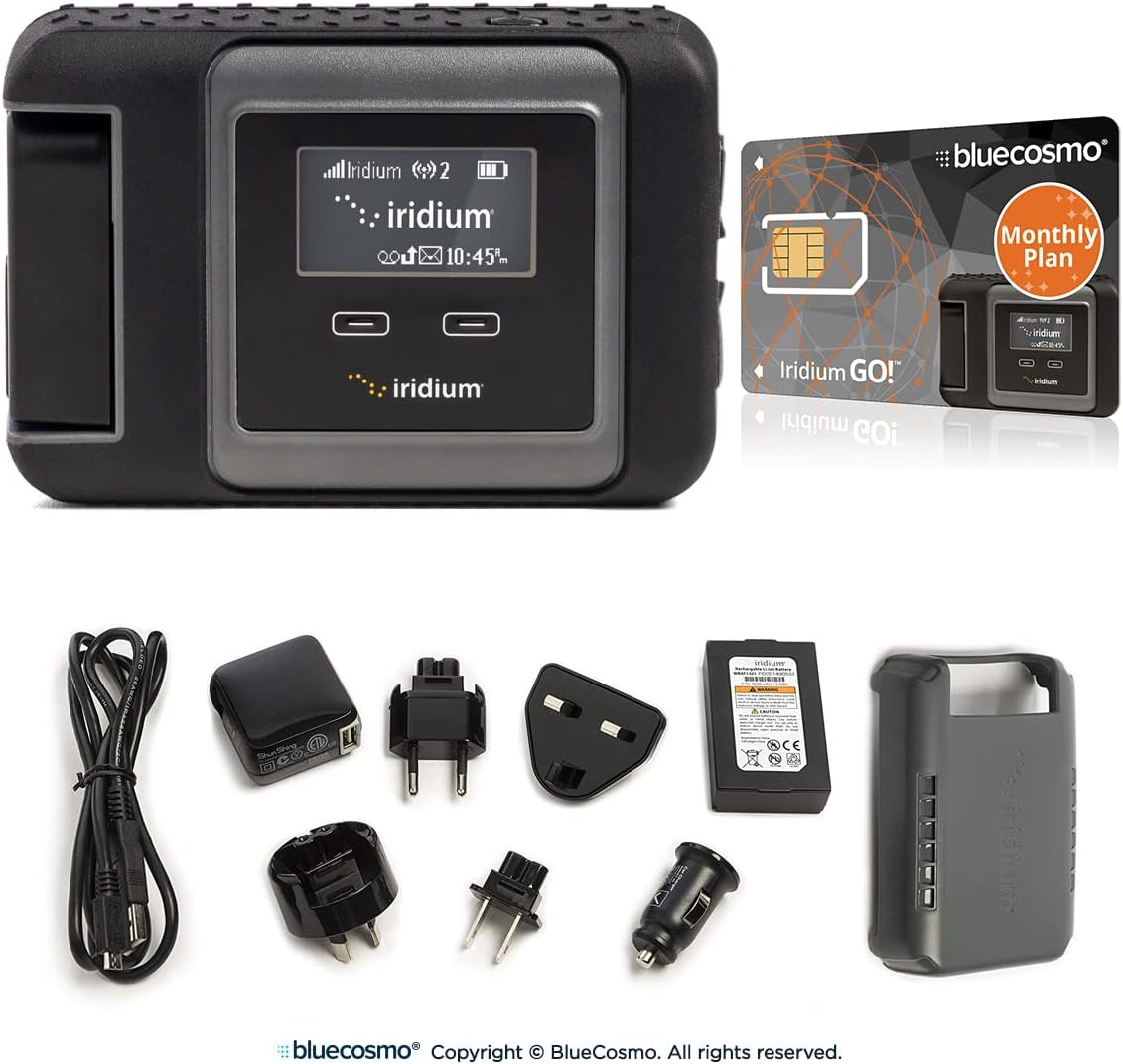 BlueCosmo Iridium GO! Satellite Phone Wi-Fi Hotspot for Voice, Messaging & Data with Monthly Postpaid Service SIM Card