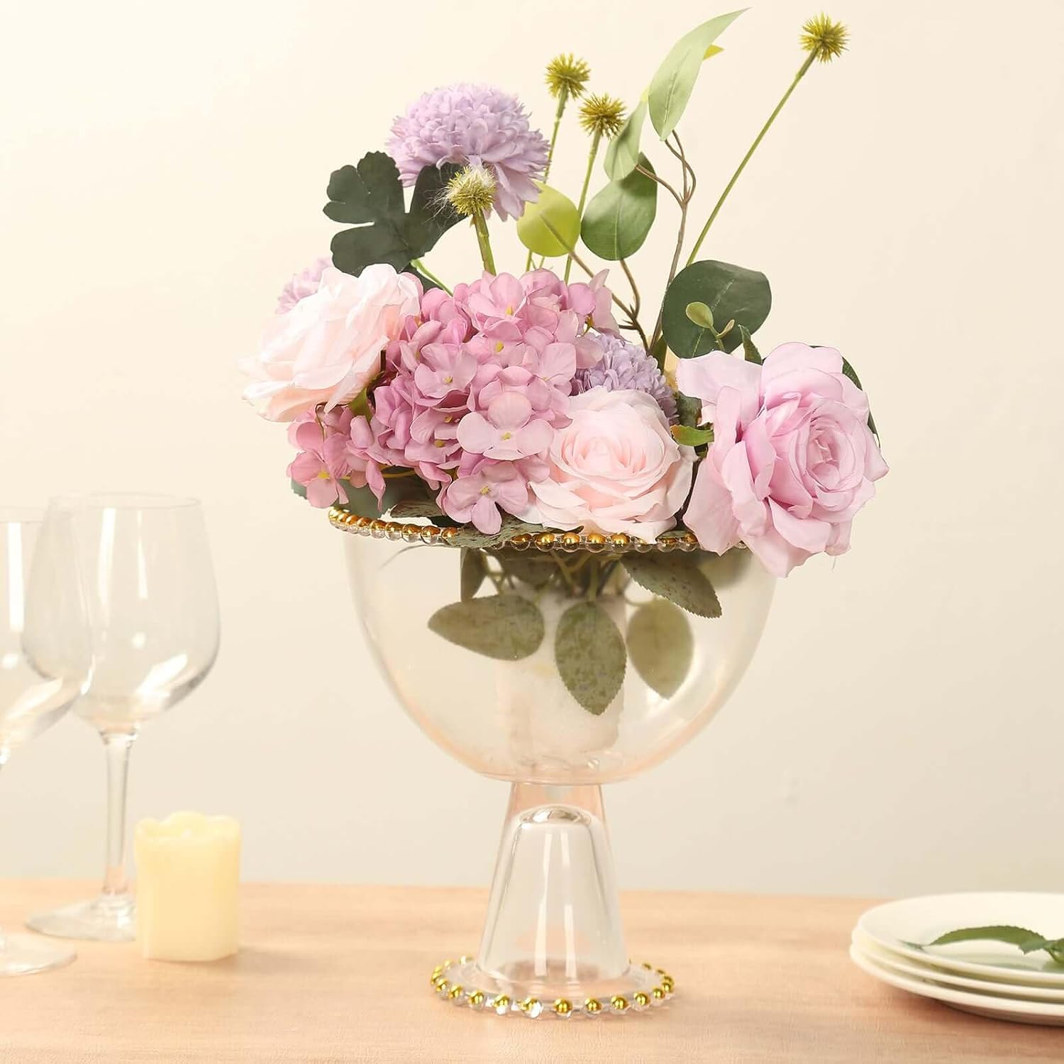 Efavormart Clear Compote Pedestal Bowl Glass Flower Vase with Gold Beaded Rim, Round Footed Candy Trifle Bowl Dessert Display Stand - 8"