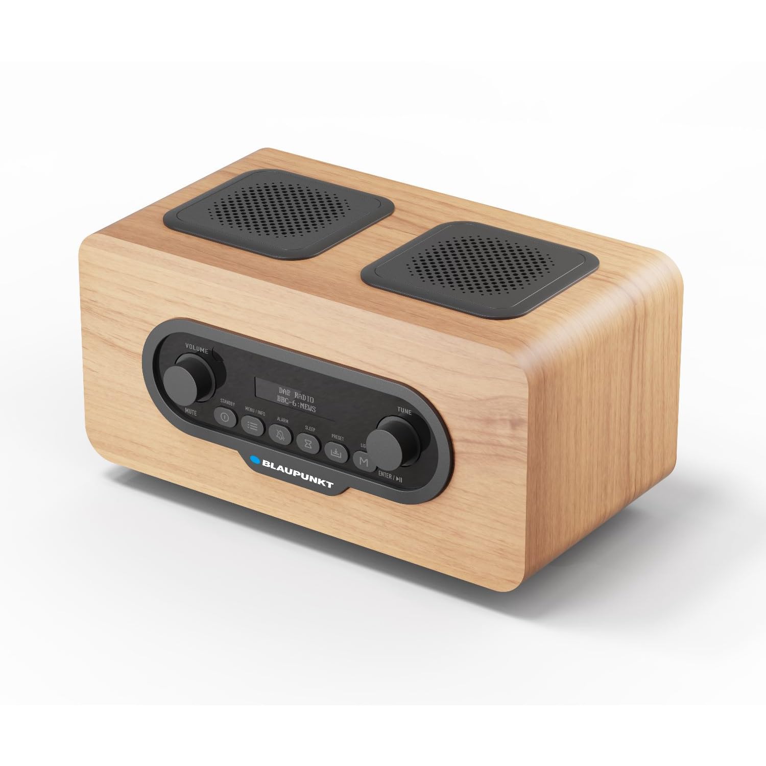 Blaupunkt DR10CR Radio portátil Dab+ FM, Bluetooth 5.3, Reproductor USB/microSD, Pantalla LCD, Doble Alarma, batería de 1800 mAh, Carcasa de Madera, Mando a Distancia, Salida para Auriculares