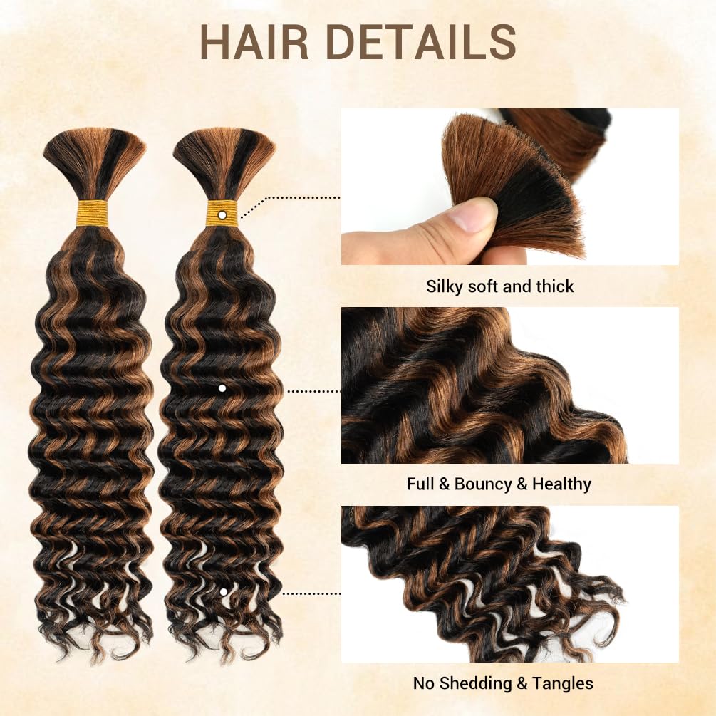 Human Braiding Hair for Boho Knotless Braids 2 Bundle 16 Inches 80g Deep Wave Bulk Human Hair for Braiding Hair Wet and Wavy 10A Brazilian Virgin Human Hair Balayage Black to Brown 1BP30