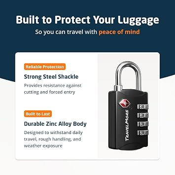 3-Pack TSA Luggage Lock with 4-Digit Combination | Set-Your-Own Padlock for Travel, Baggage, Suitcases & Backpacks | Luggage Locks | TSA Locks | Heavy-Duty Padlock | Black