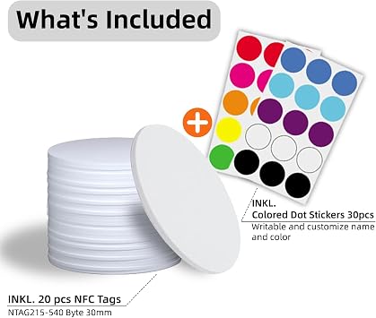 NFC Tag Sticker 30 mm 20 Stück mit Klebepunkte Bunt - NTAG215 540 Byte NFC Karten mit Selbstklebend Aufkleber - kompatibel mit iPhone Kurzbefehle iOS App Android Apps Homekit Switch Amiibo