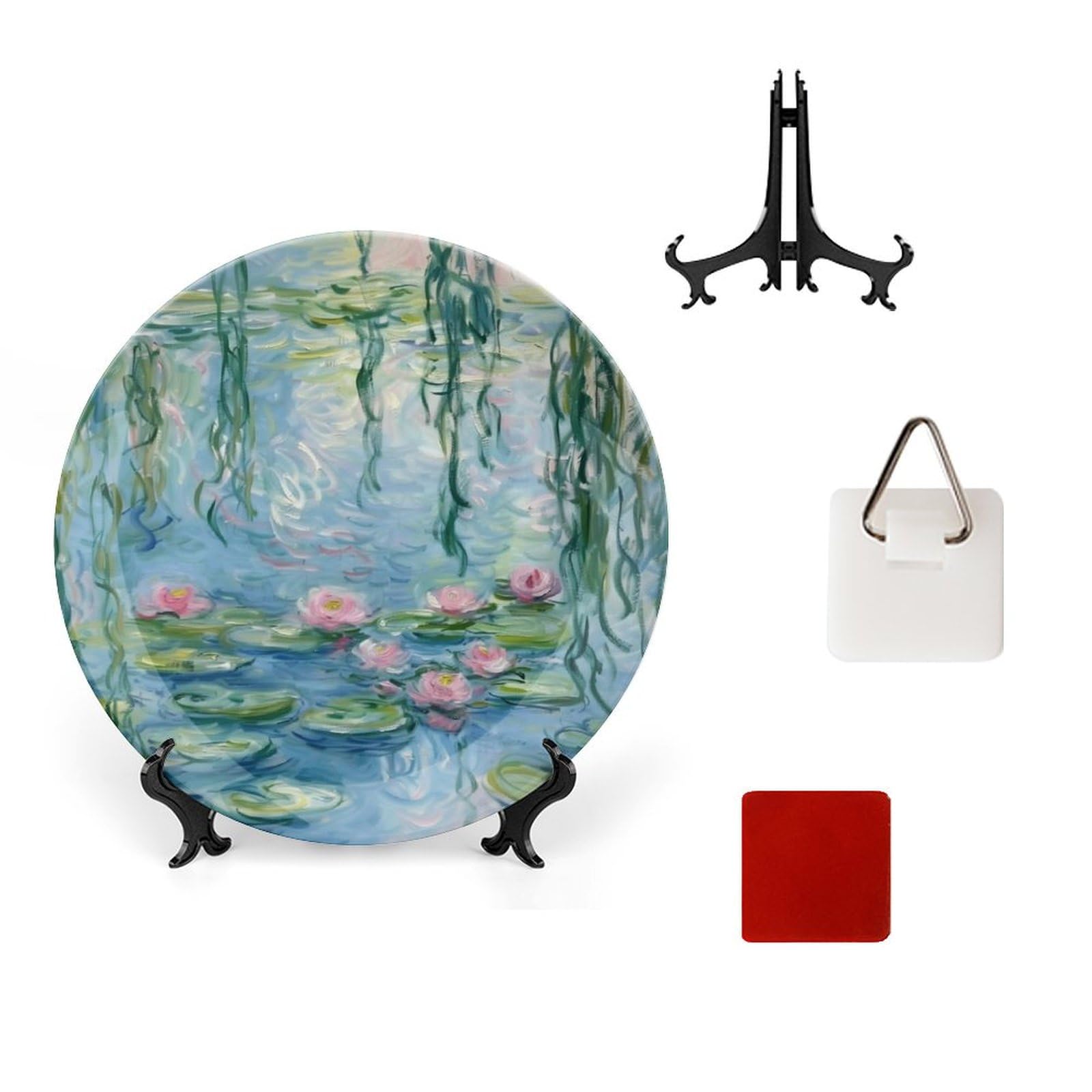 Yostasu Water Lilies Pond Bone China Decorative Plate Ceramic Decorative Plate for Home Office Wall Decor, with Vertical Stand Decorative Plates for