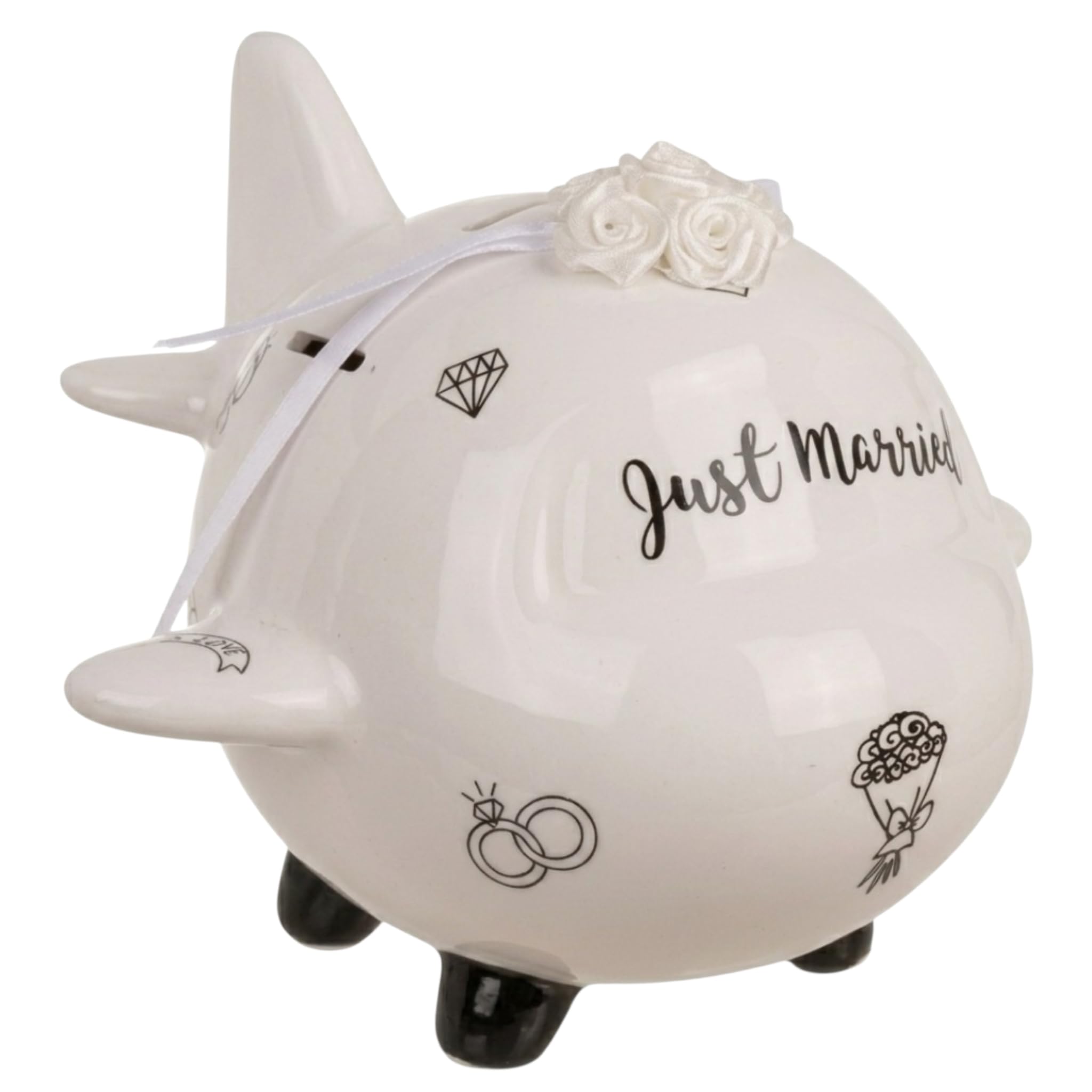 MIJOMA Salvadanaio per matrimonio a risparmio di matrimonio: salvadanaio originale con lucchetto, Just Married in ceramica, perfetto per coppie sposate e volpi (aereo nuziale)